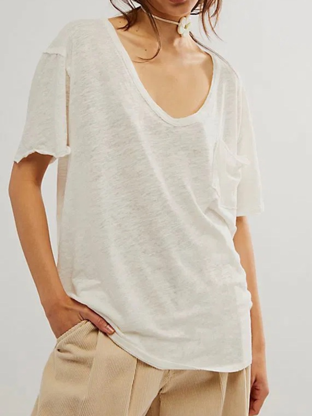 Free People We The Free All I Need Cotton Linen Slubbed Slouchy Scoop V-Neck Tee